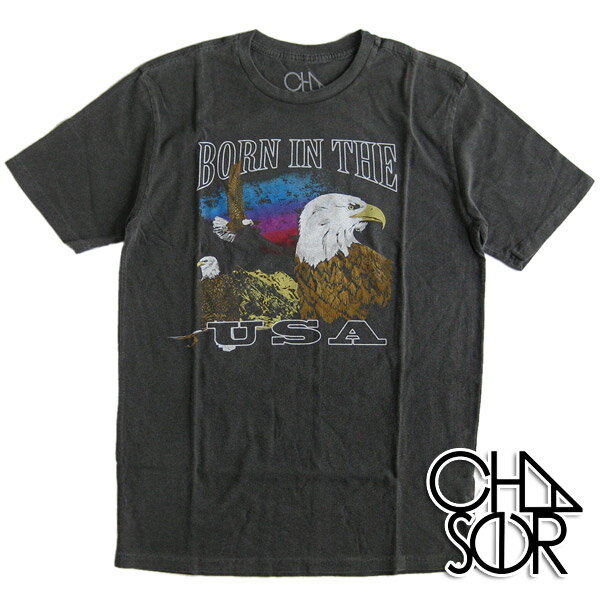 Chaser/チェイサー メンズ半袖Tシャツ 「BORN IN THE USA」 ウォッシュ加工 ヴィンテージ/アメカジ/ロックT/ロックTシャツ/バンドT/バンドTシャツ/レディース/パンク/PUNK/ROCK/スカル