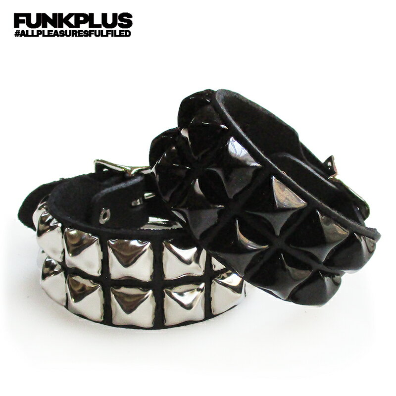FUNK PLUS ファンクプラス BC189 2連ピラミッド リストバンド(スタッズリストバンド) カラー：シルバー/ブラック 　 スタッズベルトやリストバンド等、パンクファッションにかかせないアイテムで人気のブランド“FUNK PLUS...