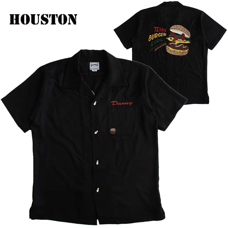 HOUSTON/ヒューストン メンズ 半袖ボーリングシャツ「BURGER」カラー：BLACK 刺繍 ロカビリー Rockabilly 50 039 s アメカジ ファッション ボウリングシャツ