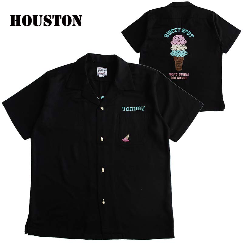 HOUSTON/ヒューストン メンズ 半袖ボーリングシャツ「ICE CREAM」カラー：BLACK 刺繍 ロカビリー Rockabilly 50 039 s アメカジ ファッション ボウリングシャツ