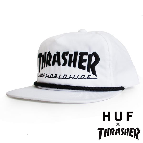 HUF（ハフ）×THRASHER（スラッシャー）コラボ ナイロン スナップバック キャップ/帽子 “COLLAB LOGO HAT” カラー：WHITE メンズ レディース ぼうし ファッション