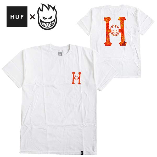 HUF（ハフ）×SPITFIRE（スピットファイアー） コラボ　メンズ 半袖Tシャツ “HUF X SPITFIRE FLAMING H S/S TEE” カラー：WHITE