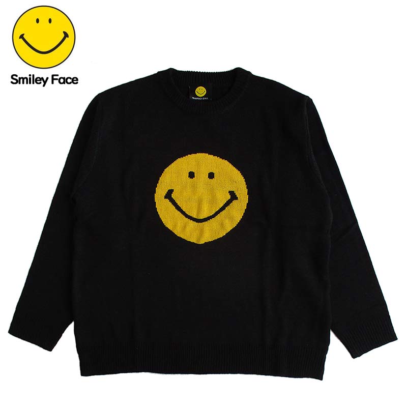 スマイリー・フェイス Smiley face メンズ ジャガード クルーセーター カラー：BLACK キャラクター レディース ニコちゃんマーク ニコニコマーク スマイルマーク 送料無料