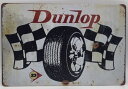 送料無料 ダンロップ タイヤ チェッカーフラッグ 白 金属製 メタルサインプレート DUNLOP 看板 ブリキ アンティーク ガレージ レトロ