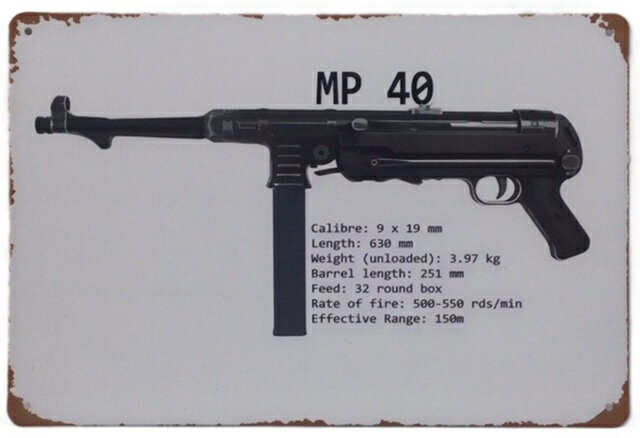 MP40 機関銃 シュマイザー 金属製 メタルサインプレート ドイツ軍 WWII ブリキ看板 ミリタリー レトロ ガレージ インテリア クラシック レトロ ヴィンテージ ビンテージ アンティーク 広告 カフェ 店舗備品