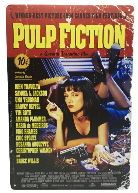 送料無料　映画　パルプフィクション ポスター ミア ベッド 金属製 メタルサインプレート　クエンティン タランティーノ　ウマサーマン　看板　ブリキ　アンティーク　ガレージ　インテリア　広告　カフェ　店舗備品