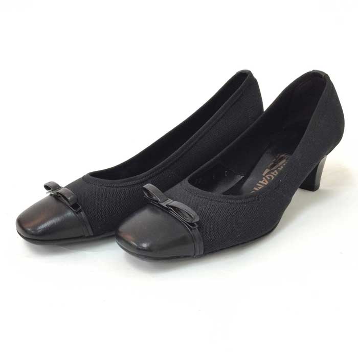 フェラガモ Salvatore Ferragamo つま先切り替えパンプス 22cm ブラック 中古 新品同様 美品