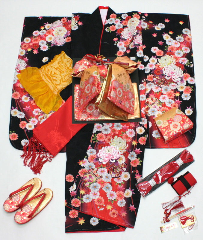 正絹四つ身刺繍入り 七五三 女の子 7歳着物20点セット 七五三・お正月・お雛祭り・お誕生日・結婚式などの機会に！！ このセットで、七五三の着付けに必要な最低限の品物が揃います。 セット内容 着物・襦袢・伊達えり・帯・箱せこ7点セット(箱せこ・ぞうり(21cm)・バッグ・丸くげ・扇子・お守り・びらかん)・帯あげ・しごき・半えり・足袋・腰ひも(3本)・肌着・裾よけ ★半衿は色をお選びいただけますが、刺繍の色柄はおまかせとなります。 ★半衿は地色をお選びいただけますが、刺繍の色柄はおまかせとなります。 ★半衿は襦袢に縫いつけていない状態でお届けします。半衿付け加工をご希望の場合は【こちら】をあわせてご注文ください。 ★着物セットのみご注文の場合は、着物は肩揚げをしていない状態でのお届けとなります。 お子様の着物は肩揚げでのサイズ調整が前提で大きめに作られておりますので、肩揚げをしていない状態ではご着用が出来ません。 お届け前の肩揚げ加工をご希望の場合は【肩揚げ加工】をあわせてご注文ください。 その他、着崩れがしにくい【身揚げ加工】や、水や汚れから着物を守る【ハジックガード加工】も承っております。 素材 【着物】表地：正絹100％、裏地：ポリエステル100％ 【襦袢】ポリエステル100％ 【帯揚げ】正絹100％ 【しごき】主生地：ポリエステル100％、ふさ：レーヨン ※しごきは〔赤〕に限り、無料で正絹への変更が可能です。 サイズ 【着物】身丈:約135cm　裄丈:約57cm　袖丈:約76cm 【草履】約21cm 【足袋】（ソックスタイプ）17cm-18cm・19cm-20cm・21cm-20cm ご注意とお願い ★取り扱い各商品の中には、複数のオークションサイトに同時出品しているものもある都合上、稀にご注文時に在庫切れとなってしまっている場合があります。その際には、ご了承下さる様にお願い致します。 ★光の加減やモニターにより画面上の写真の色と実際の商品の色が異なって見える場合があります。その他の便利な小物（別売り） こども用コーリンベルト こども用マジックベルト 女の子伊達志め 帯前板 こども用薄手衿芯 七五三着せつけ方DVD