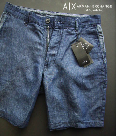 8914新品★アルマーニエクスチェンジ ARMANI EXCHANGE★A|X インディゴ麻リネン短パン3040★紺★28★MENS★