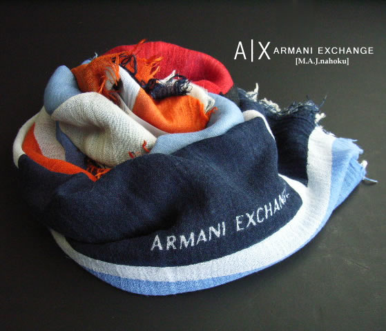 アルマーニ マフラー（メンズ） 8676新品★アルマーニエクスチェンジ ARMANI EXCHANGE★A｜Xロゴ入りストール3103★オレンジ紺系★MENS★メンズ