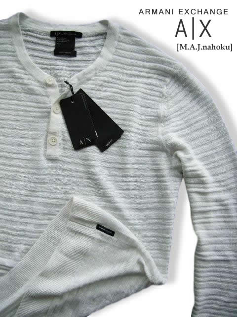 アルマーニ 8190-6新品★アルマーニエクスチェンジ ARMANI EXCHANGE★麻リネン100ヘンリーニット2901★白系★MENS★