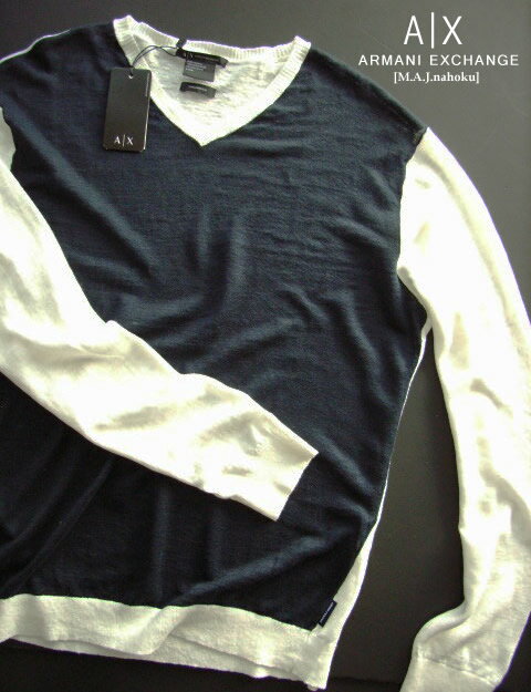 アルマーニ 8516-9新品★アルマーニエクスチェンジ ARMANI EXCHANGE★麻リネン100デザインVネックニット3001★紺白★MENS★