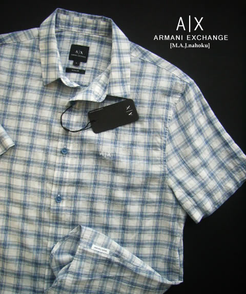 エンポリオ・アルマーニ 9106-9新品★アルマーニエクスチェンジ ARMANI EXCHANGE★A|X 胸裾ロゴ半袖チェックシャツ3217★白青★MENS★