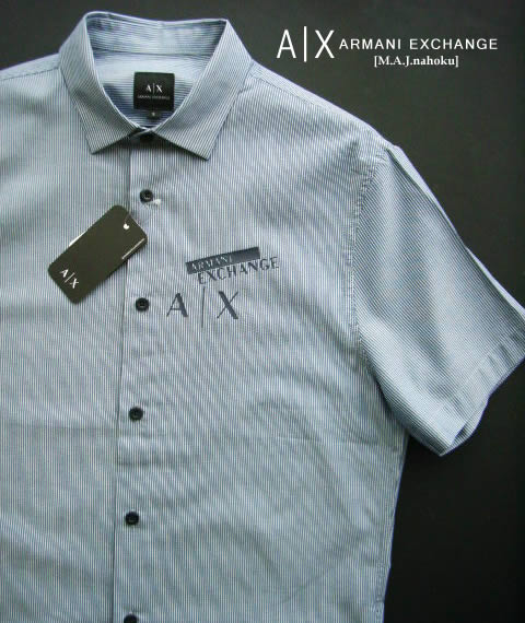 9474新品★アルマーニエクスチェンジ ARMANI EXCHANGE★A|X ストライプ半袖胸ロゴシャツ3235★紺系★S★MENS★