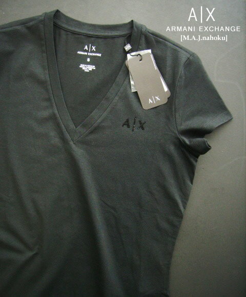 9096-8新品★アルマーニエクスチェンジ ARMANI EXCHANGE★A|X 胸ロゴVネックTシャツ3124★黒★WOMENS★