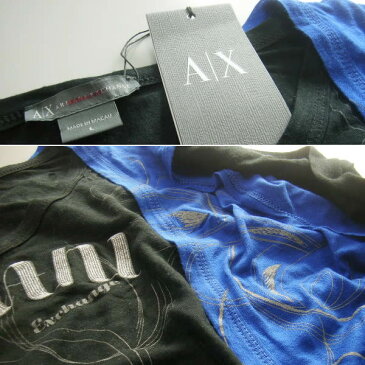 467新品★アルマーニエクスチェンジ ARMANI EXCHANGE★重ね着デザイン長袖カットソー★黒青★L★WOMENS★