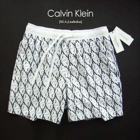 431-4新品★カルバン・クライン　Calvin Klein★ロゴロゴ水着短パン3303★白系ロゴ黒★MENS