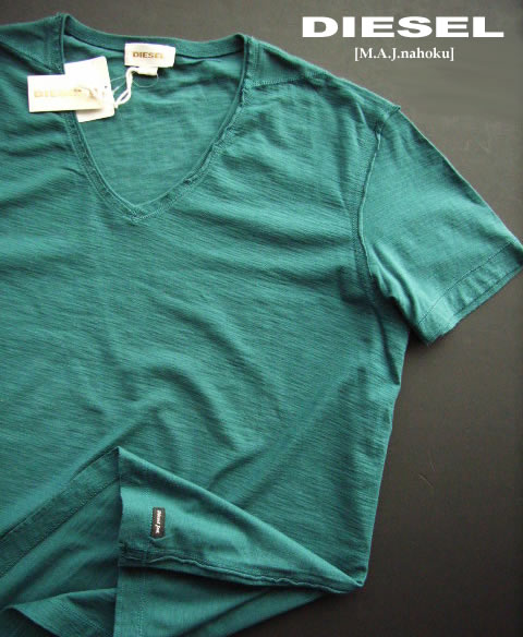 7575新品★ディーゼル　DIESEL★ヴィンテージ裾ロゴVネックTシャツG105★緑系★XL★MENS★