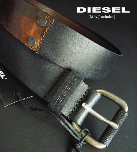 ディーゼル ベルト（メンズ） 8116新品★ディーゼル　DIESEL★ヴィンテージ牛革迷彩ロゴベルト3101★黒★85/34★MENS★