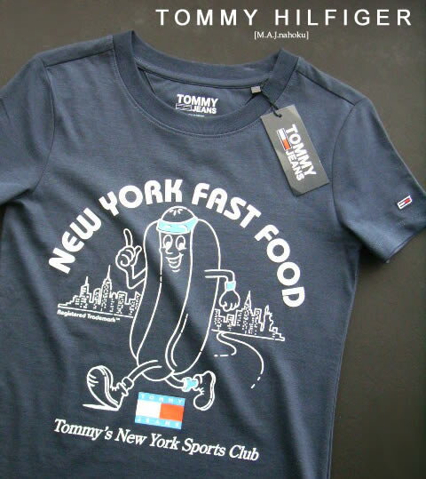 695新品★TOMMY HILFIGER トミーヒルフィガー★デザインロゴプリントTシャツ3410★紺★XXS★WOMENS