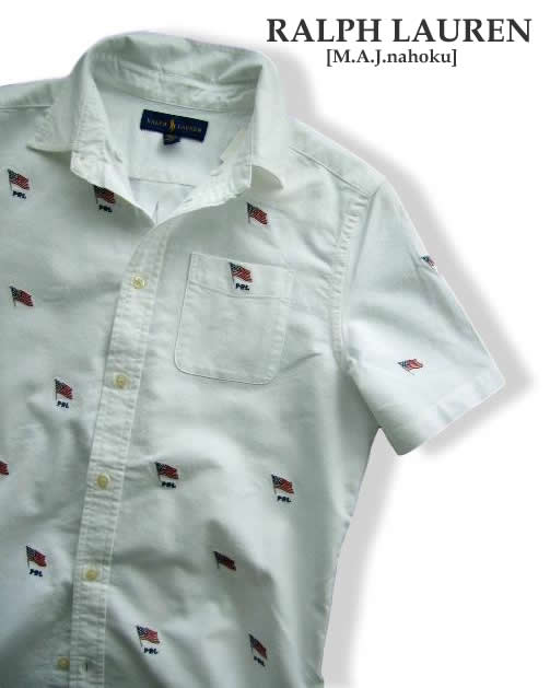 3548新品★ラルフローレン RALPH LAUREN★ロゴロゴアメリカ国旗半袖シャツ2801★白系★