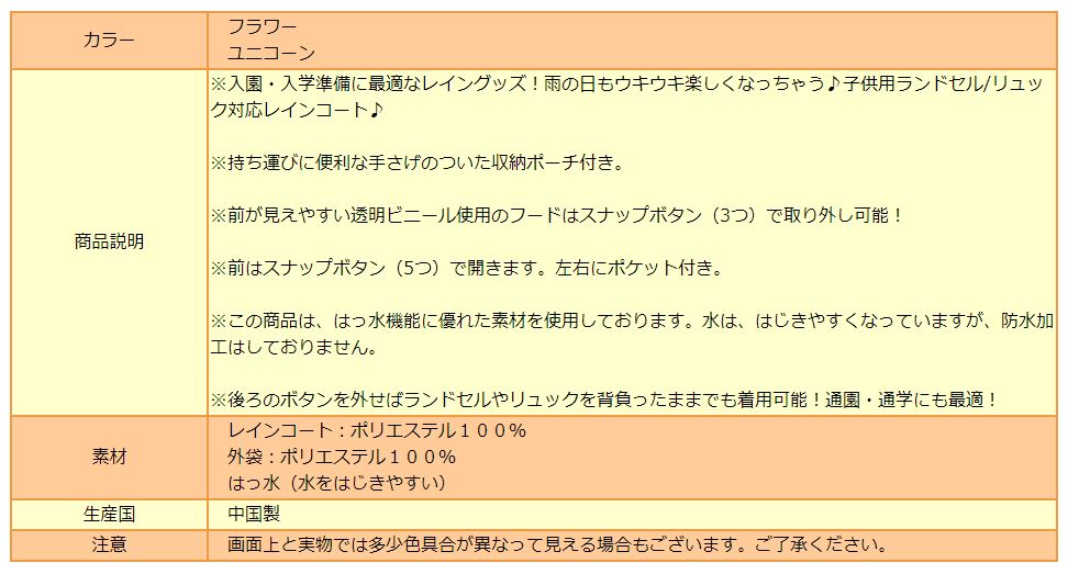 女の子総柄031レインコートランドセル対応110cm120cm130cm140cm150cmフラワーユニコーンk0634メール便は送料無料♪子供服キッズジュニアレイングッズレインウェアリュック雨具レインウェアカッパ新学期準備