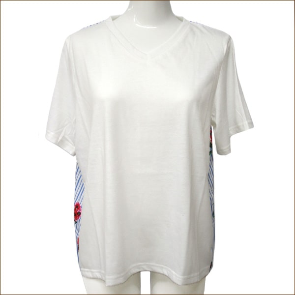 訳あり レディース 花柄ストライプ 切替 半袖シャツ M 9号 L 11号 02オフホワイト 288591 Leahmatin 女性 婦人 トップス 半袖 Tシャツ 白 2k5 ra-k e3r yob2206 wfb