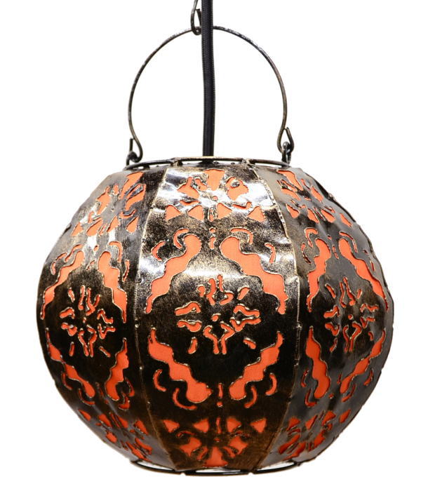 オクタゴン 幅21cm 高さ18cm 吊り下げ ライト オレンジ 透かし レリーフ アジアン 照明 アイアン 布 ライト ペンダント 天井照明 インテリア 雑貨 エスニック LED おしゃれ かわいい エスニック エキゾチック リゾート 南国 lam-0074