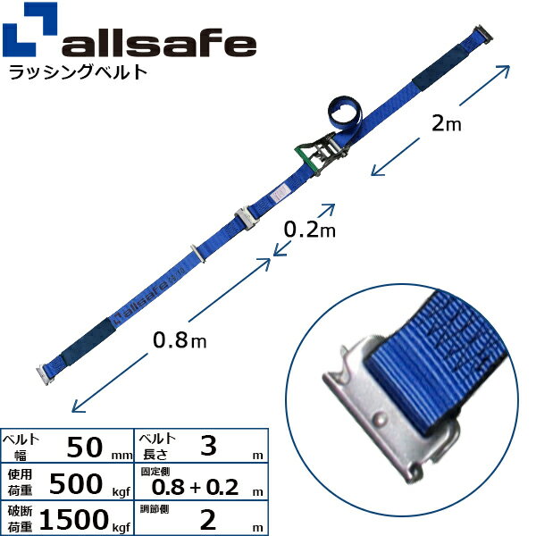 ステンレス製ワンピースキャッチャー付きラッシングベルト Tワンピース 幅50mm 長さ1+2m 青 allsafe オールセーフ ベ…