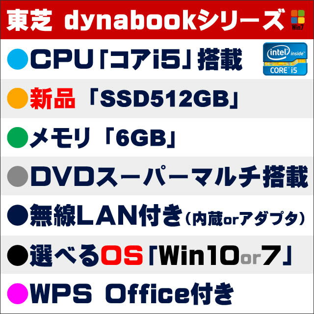 東芝 dynabookシリーズ【中古】 新品SSD512GB コアi5搭載 当店限定スペシャル仕様 無料アップグレード済み 中古パソコン 選べるOS(Windows10又はWindows7) メモリ6GB DVDスーパーマルチ 無線LAN WPSオフィス付き A4サイズノートPC 液晶15.6型 中古ノートパソコン