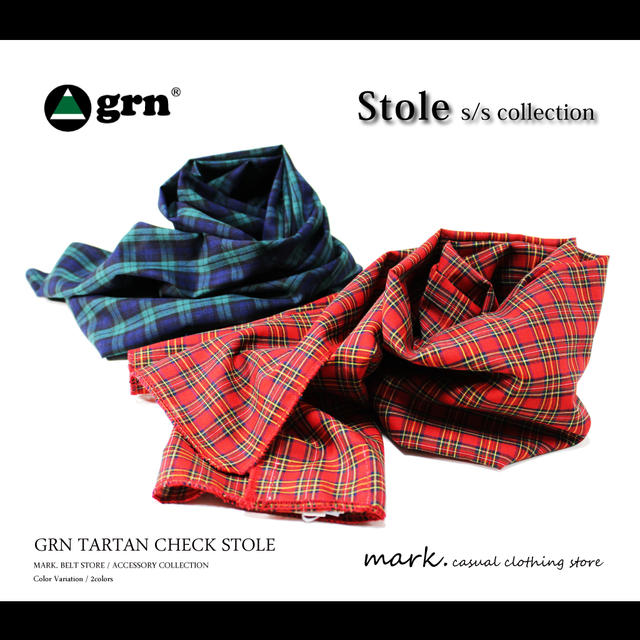 【完全閉店セール 店内全商品80-20％OFF】grn ジーアールエヌ チェック柄ストール タータンチェック 薄手 コットン 全2色 メンズ レディース 男女兼用 ユニセックス