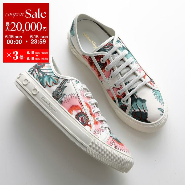 【5/24～5/25限定ポイント3倍】 FERRAGAMO フェラガモ スニーカー 0742779 BORG PRINT ボルグ レディース フローラルプリント ロゴ ローカット レースアップ シューズ 靴 WHITE【po_sannn】のサムネイル