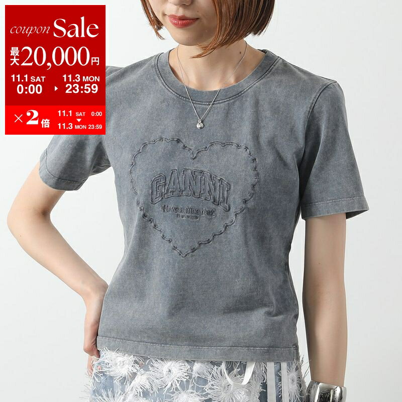 楽天インポートセレクトmusee【11/1～11/3限定・最大2万円OFFクーポン配布中】GANNI ガニー 半袖 Tシャツ Heavy Cotton Jersey Heart Small T-Shirt T4254 レディース ロゴ ハート 刺繍 カットソー コットン クルーネック 252/Phantom