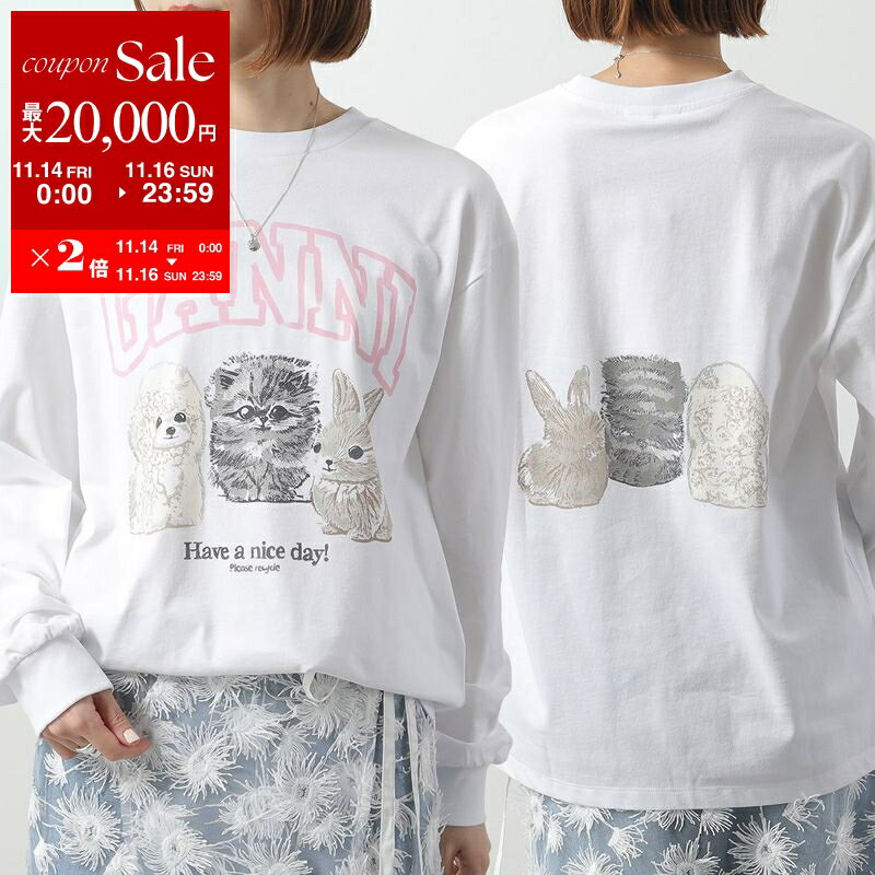 GANNI ガニー 長袖 Tシャツ Re-cut Heavy Jersey Animals Long sleeve T4275 レディース ロンT アニマル カットソー クルーネック 151/Bright-White