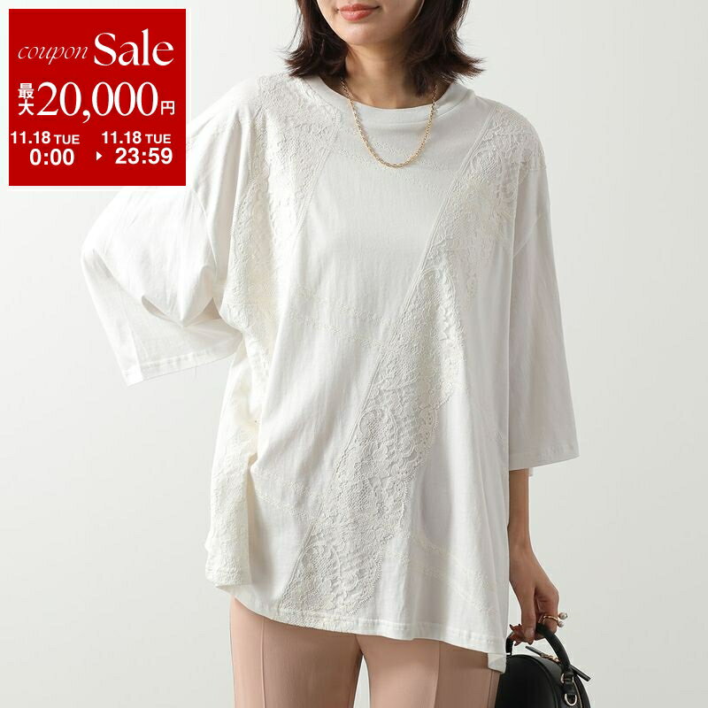 【11/18限定・最大2万円OFFクーポン配布中】N°21 ヌメロヴェントゥーノ カットソー F042 6330 レディース Tシャツ クルーネック レース 七分袖 ロゴ ストレッチコットン オーバーサイズ カラー2色