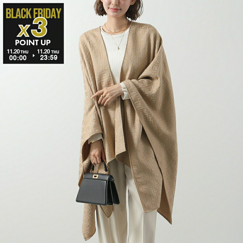 FENDI フェンディ ポンチョ FXX782 AQ8G レディース ケープ ウール シルク混紡 FFロゴ ズッカ柄 ジャカード 軽量 F0QB9/BEIGE