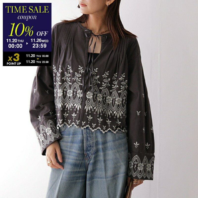 【11/20-0時～10％OFFクーポン対象】ne Quittez pas ヌキテパ ブラウス Crimp Cotton Anglaise Embroidery Top 010152WH1 レディース コットン 刺繍 長袖 CHARCOAL【cp_ten】のサムネイル