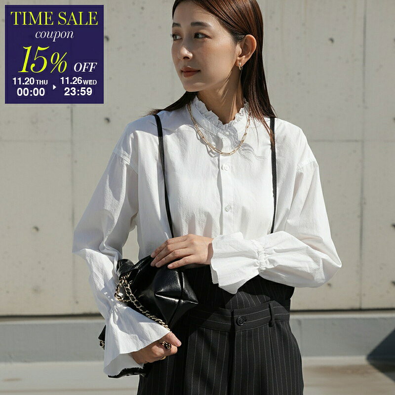 【ブラックフライデー・11/26-23:59迄15％OFFクーポン】Le Melange ル・メランジュ ブラウス 8853201 レディース シャツ フリル コットン キャンディースリーブ 長袖 001/OFF-W【cp_fifte】