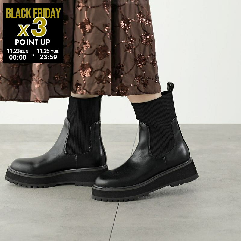 ATELIER BRUGGE アトリエブルージュ ショートブーツ 25KS-74 レディース ニットコンビ レザー ラウンドトゥ プラットフォーム 厚底 シューズ 靴 BLACK