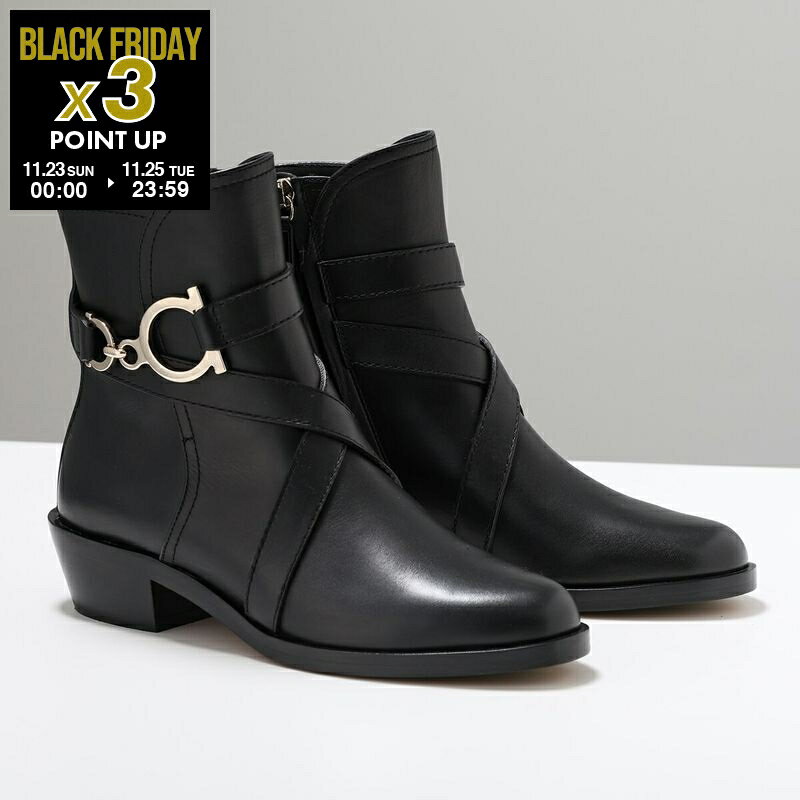 FERRAGAMO フェラガモ ショートブーツ SHADI シャディ 726590 レディース レザー アンクルブーツ ガンチーニ ワイズC シューズ 靴 NERO