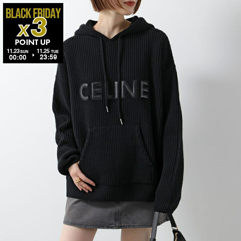 CELINE セリーヌ ニット パーカー RY01K0ZPY.38NO レディース フード付き セーター プルオーバー ロゴ ウール リブ 長袖 ブラックのサムネイル