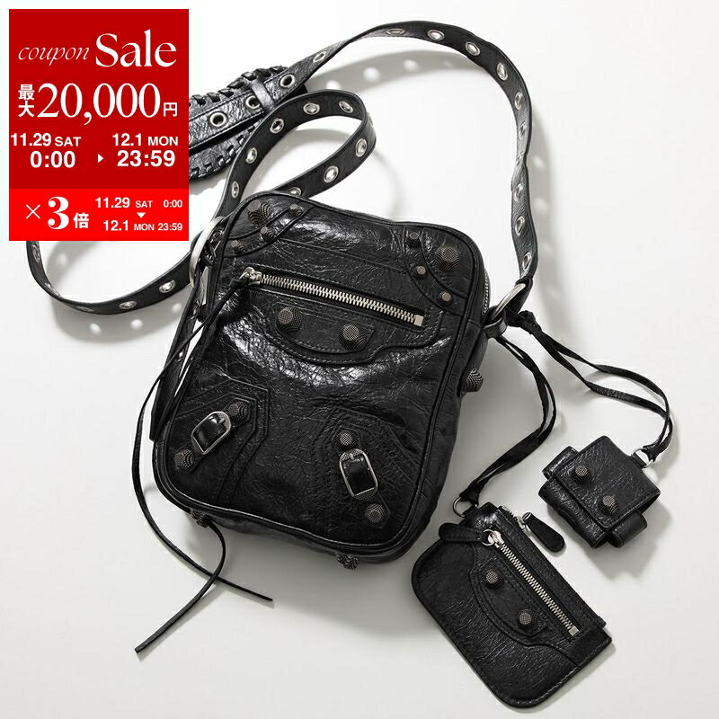 【最大2万円OFFクーポン対象・11/29～12/1限定】【訳あり】BALENCIAGA バレンシアガ ショルダーバッグ LE CAGOLE ル カゴール 719065 210KR メンズ クロスボディ レザー メタル ポーチ付き イヤホンケース付き 鞄 1000/BLACK(4)