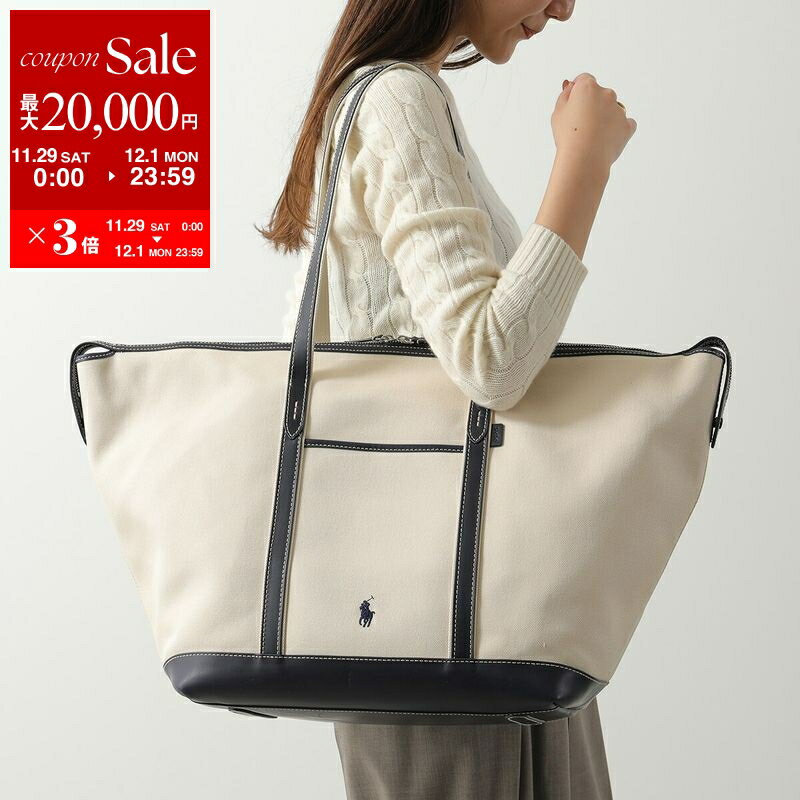 【最大2万円OFFクーポン対象・11/29～12/1限定】Polo Ralph Lauren ポロラルフローレン トートバッグ 428973072 レディース コットン キャンバス レザー ポニー刺繍 鞄 002/ECRU-NAVY