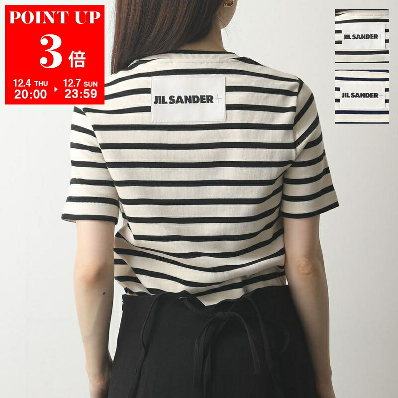 JIL SANDER+ ジルサンダー プラス Tシャツ J40GC0111 J46497 レディース クルーネック 半袖 リブ カットソー コットン ボーダー ロゴパッチ 080
