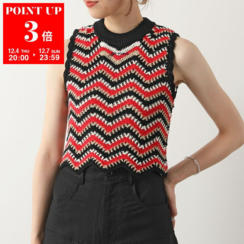 GANNI ガニー ニットベスト Cotton Crochet Vest K2160 2664 レディース クロシェ ノースリーブ ロゴ刺..