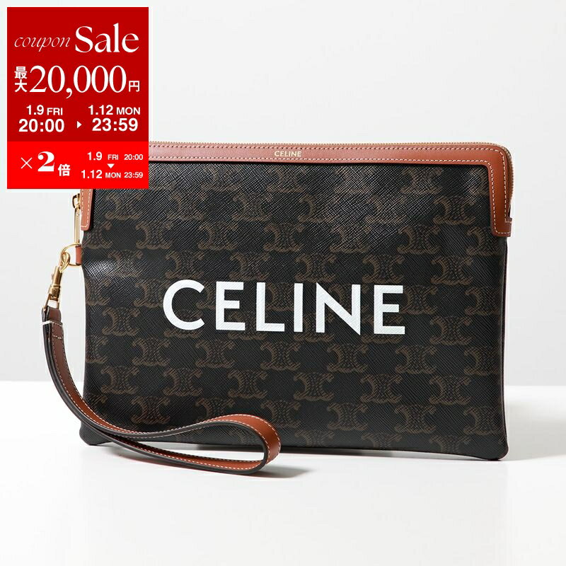 【最大2万円OFFクーポン対象・1/12-23時59迄】CELINE セリーヌ クラッチバッグ 10J502FES.04LU 10J502BZQ.04LU レディース スモールポーチ トリオンフ レザー キャンバス ストラップ付 ロゴ プリント 鞄 Tan