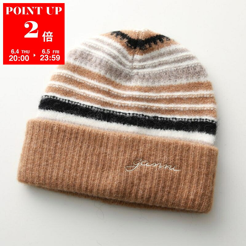  GANNI ガニー ニット帽 Striped soft wool beanie A5982 5840 レディース ビーニー ボーダー ストライプ ニットキャップ ロゴ 帽子 177/Tigers-Eye