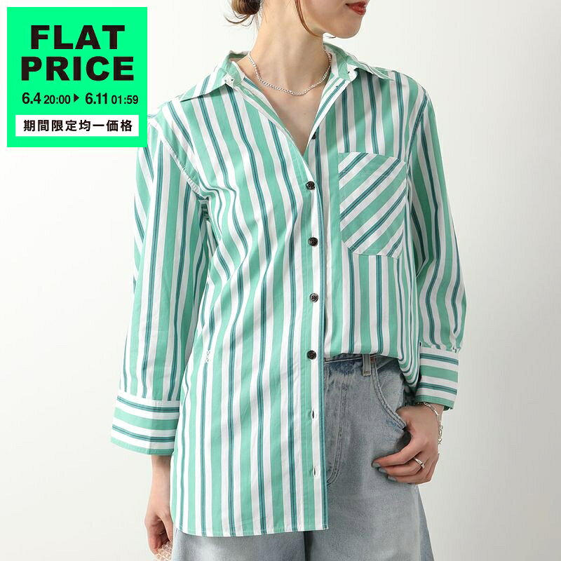 GANNI ガニー 長袖 シャツ Stripe Cotton Shirt F9022 6475 レディース ストライプ ロゴ刺繍 胸ポケット コットン セットアップ可能 879/Creme-de-Menthe
