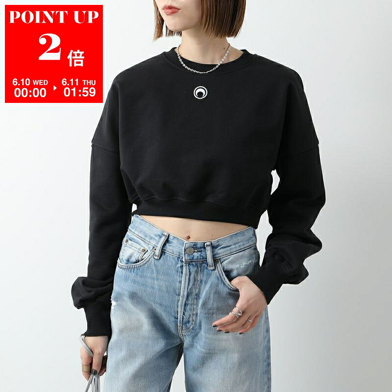 【6/10～6/11-1:59限定・ポイント2倍】 Marine Serre マリーン セル トレーナー Moon Logo Fleece Cropped Sweatshirt WST012A CJER0013 レディース クルーネック スウェット 三日月 モチーフ クロップド丈 ロゴ刺繍 BK99/BLACK