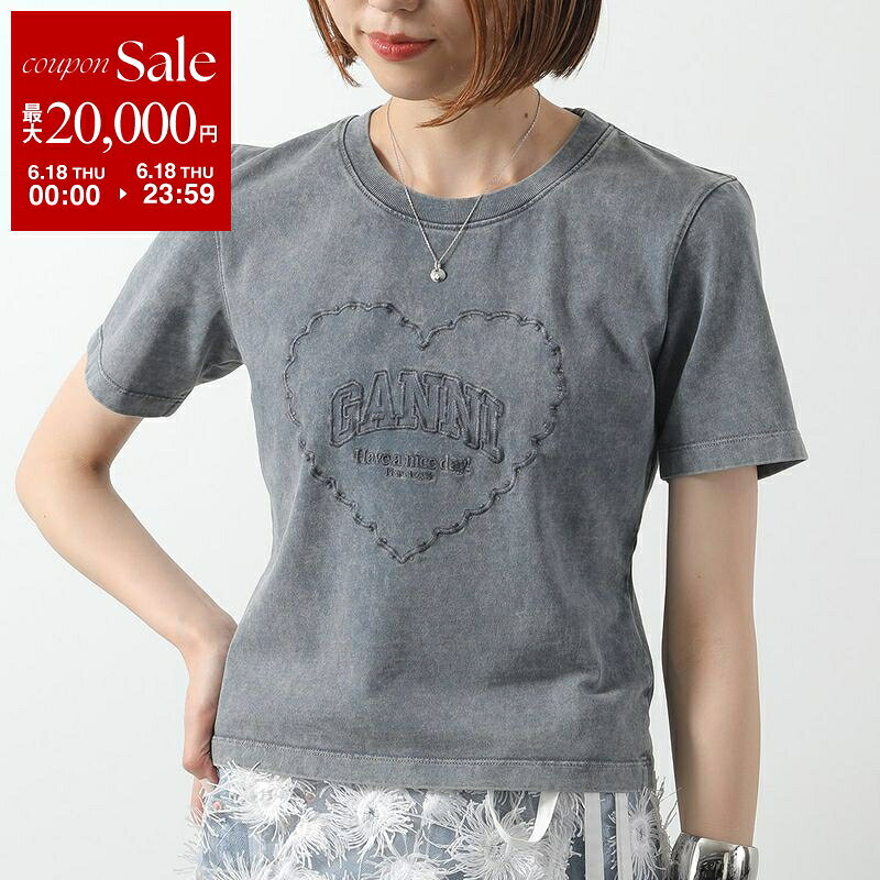 【最大2万円OFFクーポン対象・6/18限定】GANNI ガニー 半袖 Tシャツ Heavy Cotton Jersey Heart Small T-Shirt T4254 レディース ロゴ ハート 刺繍 カットソー コットン クルーネック 252/Phantom